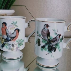 ❗Vintage Royal Crown Porcelain Orange/Gray Bird Mug Set with Gold Trim❗